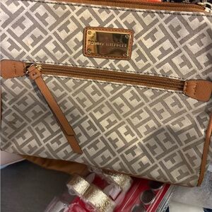 Tommy Hilfiger Tan and Brown Patterned Crossbody Bag